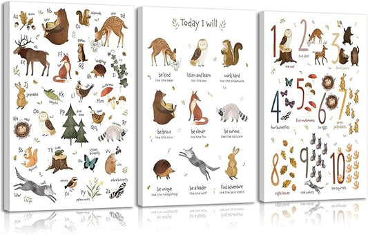 3Pcs Animal Alphabet Numbers Canvas Wall Art Classroom Nursery Painting Educational ABC Poster Prints Kids Playroom Picture Positive Affirmations Animal Wall Decor for Boy Girl Room 12x16in Framed