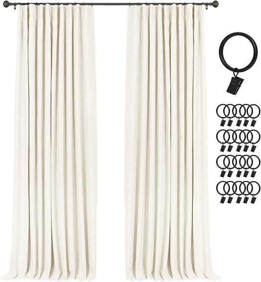 INOVADAY 100% Blackout Curtains for Bedroom, Black Out Curtains 108 Inch Long, Clip Rings Linen Blackout Drapes, Thermal Insulated Room Darkening for Living Room, 2 Panels - Lightcream,W50xL108