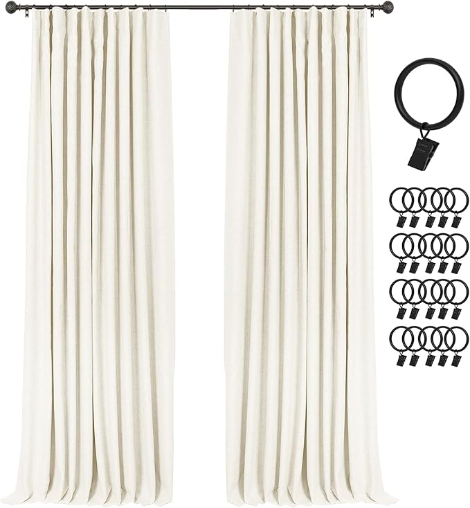 INOVADAY 100% Blackout Curtains for Bedroom, Black Out Curtains 120 Inch Long, Clip Rings Linen Blackout Drapes, Thermal Insulated Room Darkening for Living Room, 2 Panels - Lightcream,W50xL120