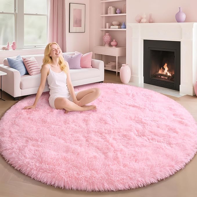 EVOIONOS Pink Round Rug for Bedroom, 7x7 Ft Fluffy Soft Circle Area Rugs for Living Room, Plush Shaggy Circular Carpet for Indoor Floor Bedside Girls Nursery, Machine-Washable Home Decor Aesthetic