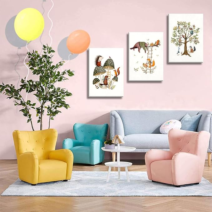 3Pcs Woodland Safari Animals Nursery Canvas Wall Art Baby Jungle Small Animal Wall Decor Pictures Tree Bear Rabbit Fox Hedgehog Kids Posters Prints for Classroom Children Bedroom Decoration