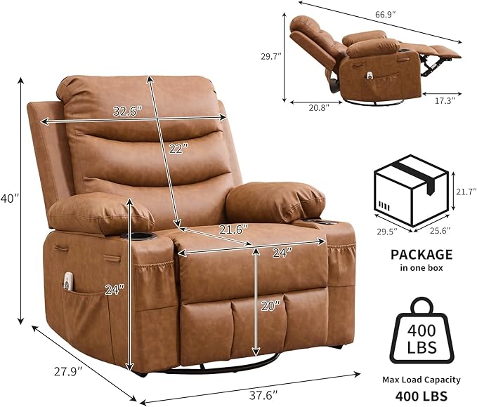 Leather Recliner Chair Nursery, Oversized Manual Reclining Rocking Chair, 360 Swivel Glider with Cup Holder, Massage and Heat Recliner, Small Sofa Chairs for Adults, Living Room, RV, Bedroom, Brown