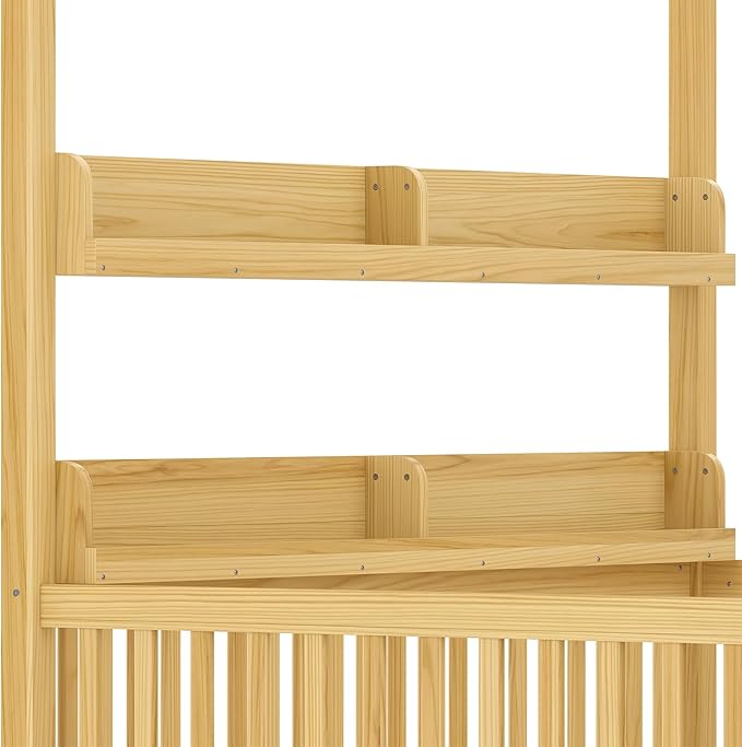 Polibi Twin Size Montessori Floor Bed with Guardrails, Low Profile Solid Wood Canopy Frame with Built-in Shelves, No Box Spring Needed, for Kids, Natural
