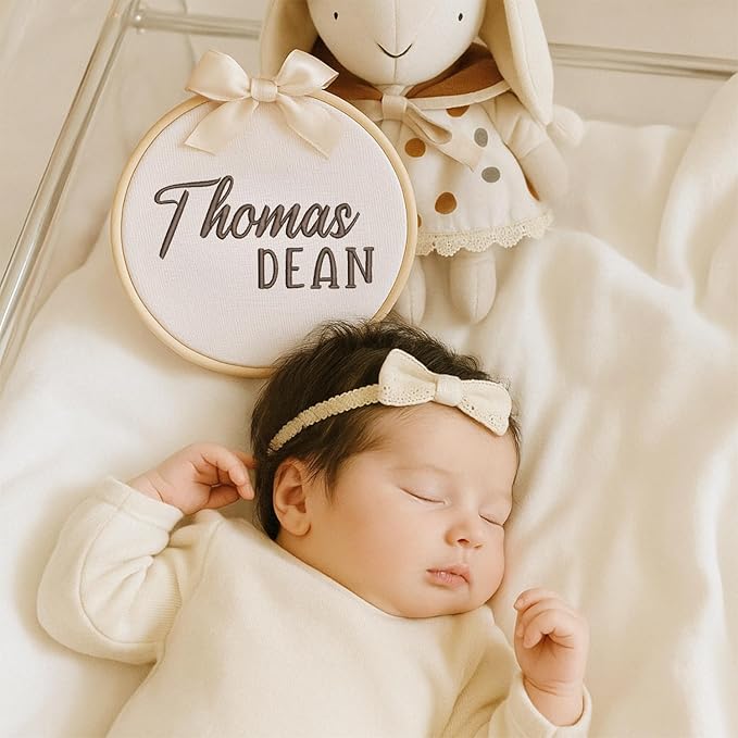 Personalized Baby Name Sign Welcome Baby Announcement Sign Newborn Baby Embroidery Hoop with Bows Baby Hospital Name Sign Custom Infant Baby Name Baby Shower Gifts (15)