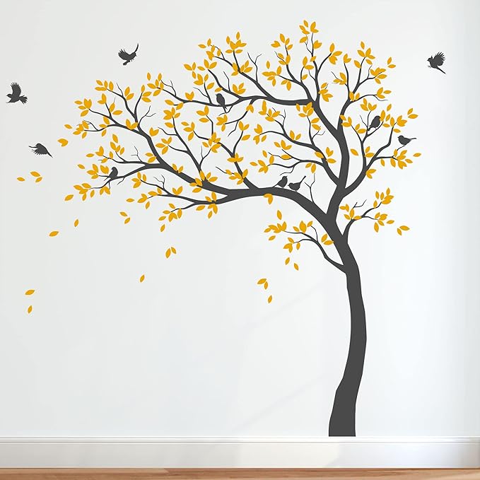 Large Tree Wall Decals Nursery Leaning Tree Stickers with Birds Wall Art Mural Vinyl Decor KW032 (Leaning Left, Dark Grey; Signal Yellow)