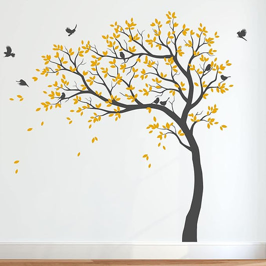 Large Tree Wall Decals Nursery Leaning Tree Stickers with Birds Wall Art Mural Vinyl Decor KW032 (Leaning Left, Dark Grey; Signal Yellow)