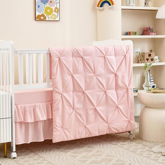 3-Piece Pink Crib Bedding Set for Girls - Ultra Soft & Skin Friendly Baby Girl Bedding Crib Set Includes Crib Comforter, Sheet & Skirt (Light Pink)