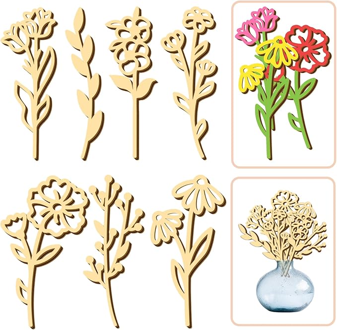 7 PCS Large Wooden Wildflowers Signs Decals DIY Colorable Wood Flowers Sign for Crafts Baby Nursery Stick Peel and Stick Boho Flower Art Cutout for Girls Bedroom Floral Sticker Gift for Kids Playroom