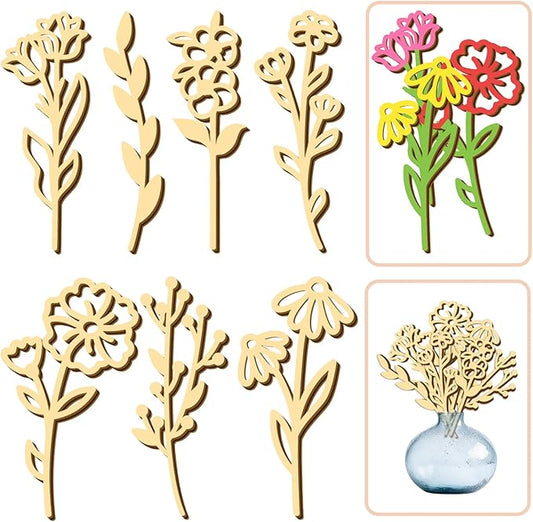 7 PCS Large Wooden Wildflowers Signs Decals DIY Colorable Wood Flowers Sign for Crafts Baby Nursery Stick Peel and Stick Boho Flower Art Cutout for Girls Bedroom Floral Sticker Gift for Kids Playroom