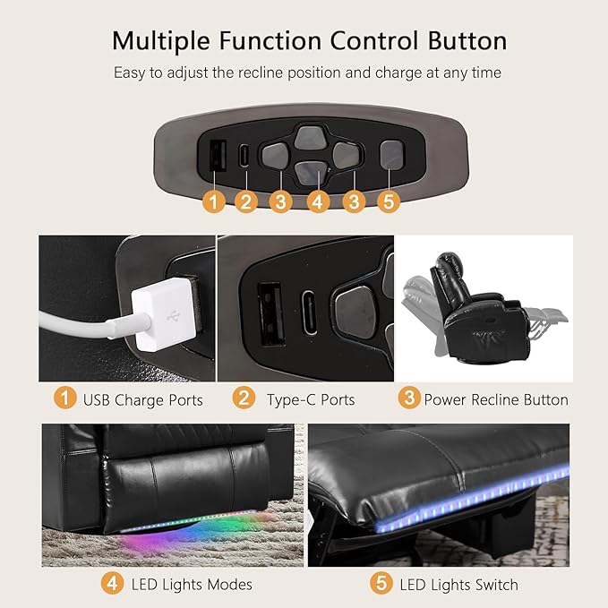 Power Swivel Rocker Recliner Chair with Massage and Heat/LED Lights/USB and Type-C Ports/Infinite Position/Cup Holder, Electric Glider Reclining Sofa for Nursery Living Room (2, Black)
