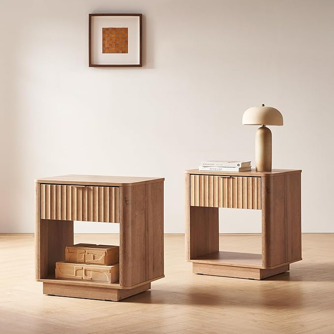 mopio Brooklyn Fluted Nightstand, Modern Farmhouse Nightstand, Small Side, Wood Bedside Table with Drawer, End Table with Storage, Fluted Night Stand, Curved Profile (Golden Oak, Set of 2)