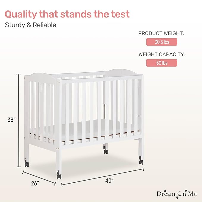 Dream On Me 2-in-1 Folding Portable Compact Mini Baby Crib in White, GreenGuard Gold & JPMA, US Patented Flat Folding System, Locking Wheels, 1″ Mattress Pad, Space-Saving Quck Fold Easy Storage
