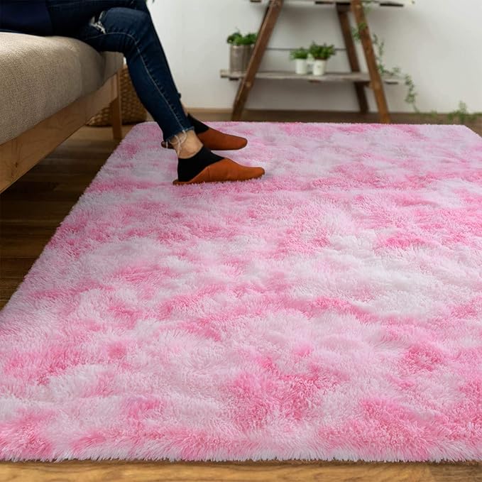 DweIke Fluffy Pink White Rugs for Bedroom Living Room, 5x8 Feet Soft Plush Shaggy Tie-Dyed Pink Girls Boys Kids Rug, Non-Slip and Machine Washable Carpet for Dorm Nursery Classroom Decor