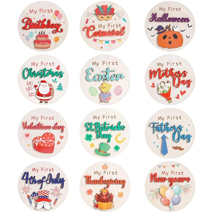 My First Holiday Milestone Signs, 12PCS Baby Holiday Milestone Double-Deck Cards, Wooden Discs Announcement Sign Newborn Photo Props for Baby Shower Party Supplies Gift