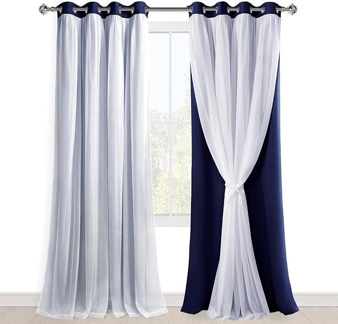 Hiasan Mix & Match Blackout Curtains with Sheer Overlay, Double Layer Extra Long Thermal Insulated Grommet Window Curtains for Bedroom, Living Room, 2 Drape Panels with Tiebacks, Navy Blue, 52W X 108L