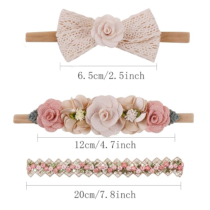 Baby Girl Floral Headbands- 3pcs Nylon Headband Handmade Flower Crown Elastic Hairband Newborn Toddler Hair Accessories Gifts for Girls （1-6 years old）