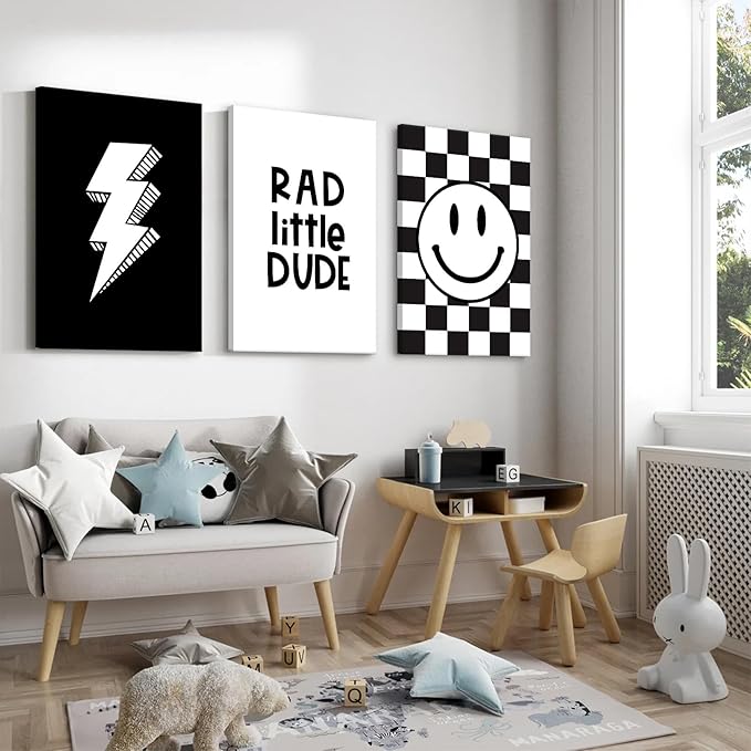 Boys Room Wall Art Decor Toddler Nursery Canvas Wall Art Baby Kids Wall Decor Black Checkered Smiley Poster Pictures Retro Playroom Rad Little Dud Art Prints for Bedroom 16x24x3 Inch Framed