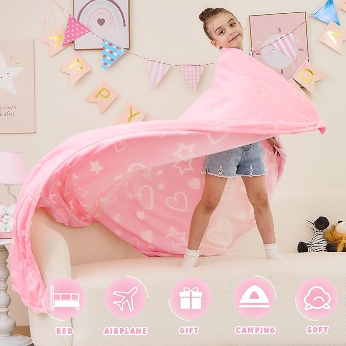 inhand Birthday Gifts Toys for Girl Pink Heart Glow in The Dark Blanket Thanksgiving Throw Blanket Cute Kids Blanket Pink Heart Soft Fleece Throw Blanket for Kids（30x40 Pink ）