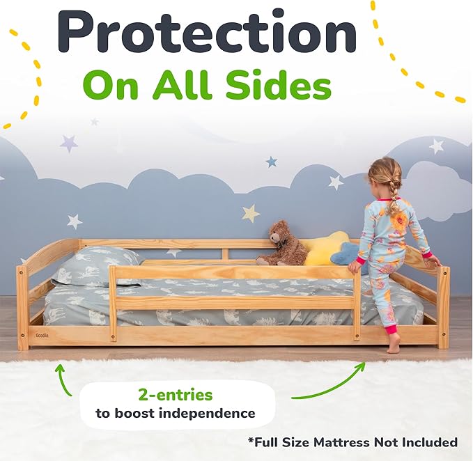 Ocodile Full Size Montessori Floor Bed for Kids - Strong Slatted Bed Frame with Full Rails - Ideal for Little Girls and Boys - Varnished