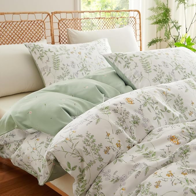 Botanical Duvet Cover Queen Sage Green Reversible Floral Bedding Set Farmhouse Leaf Bedding 3Pcs Modern Aesthetic Duvet Covers with Zipper Closure Ultra Soft Microfiber