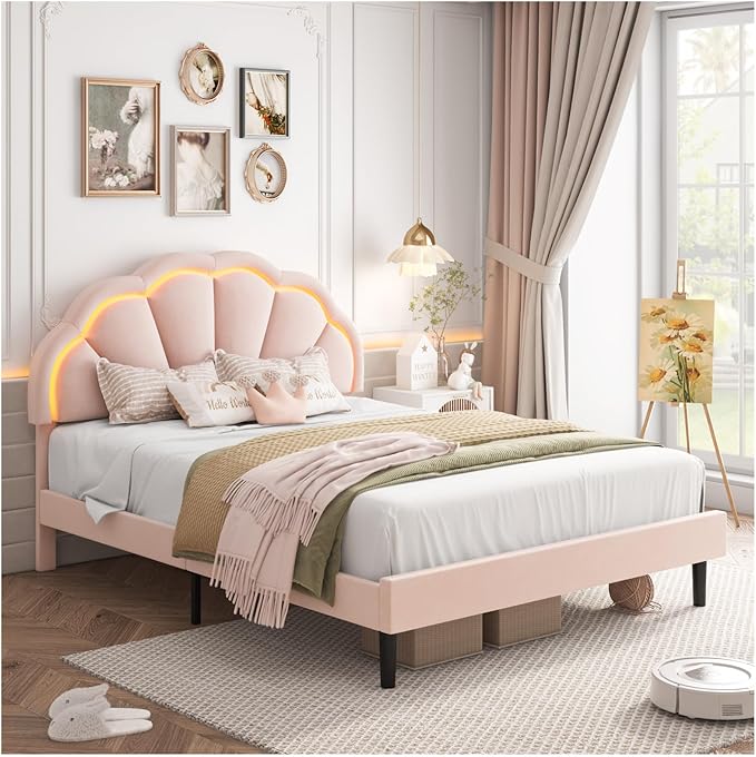 HIFIT Full Upholstered Smart LED Bed Frame with Adjustable Chic Petal Headboard, Princess Full Size Platform Bed Frames for Kids/Girls, Wooden Slats Support, No Box Spring Needed, Easy Assembly, Pink