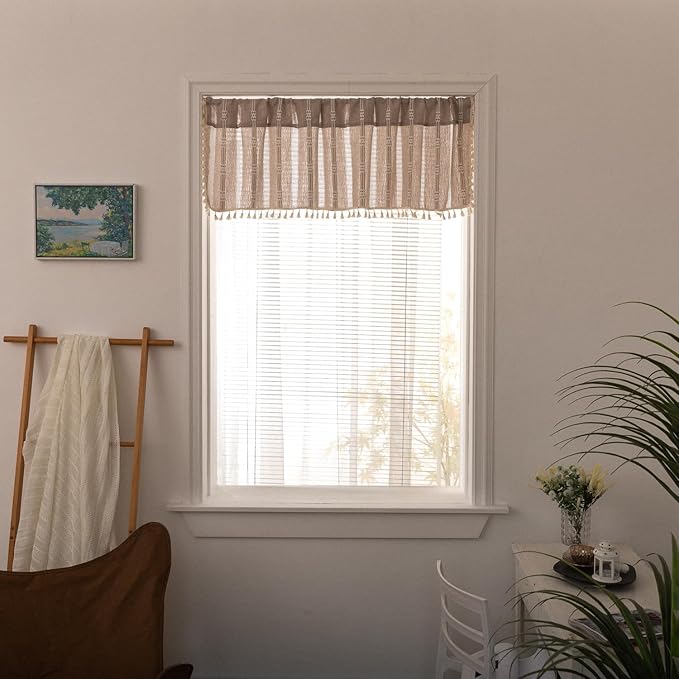 Deeprove Taupe Boho Valance with Tassels Linen Kitchen Short Embroidered Curtain. Farmhouse French Cottage Rustic Small Window Treatment for Cafe Closet Laundry Dining Restaurant 1 Panel W52 x L18