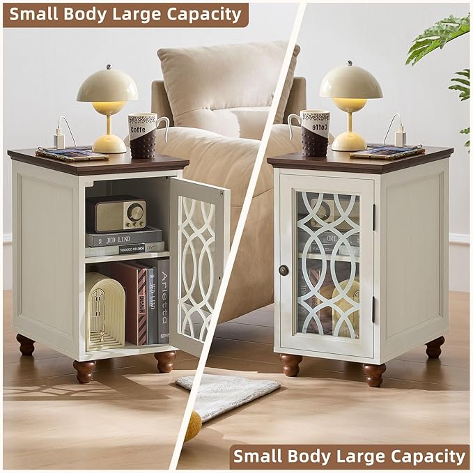 Narrow Side Table with Charging Station, Night Stand with Glass Door, Bedside End Tables with Adjustable Shelf Storage Cabinet,Wood Nightstand for Small Spaces Living Room Bedroom