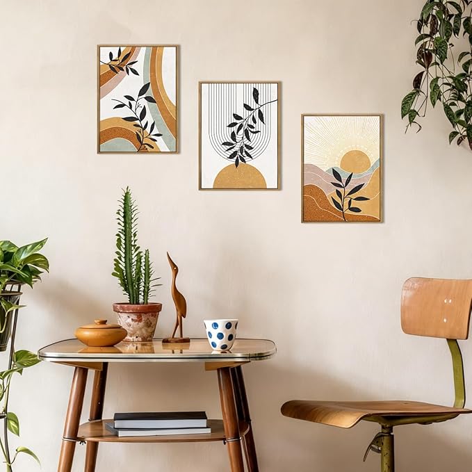 BINCUE Boho Line Wall Art Abstract Plant Wall Decor Mid Century Artwork for Living Room Bedroom Office 12"x16" Set of 3