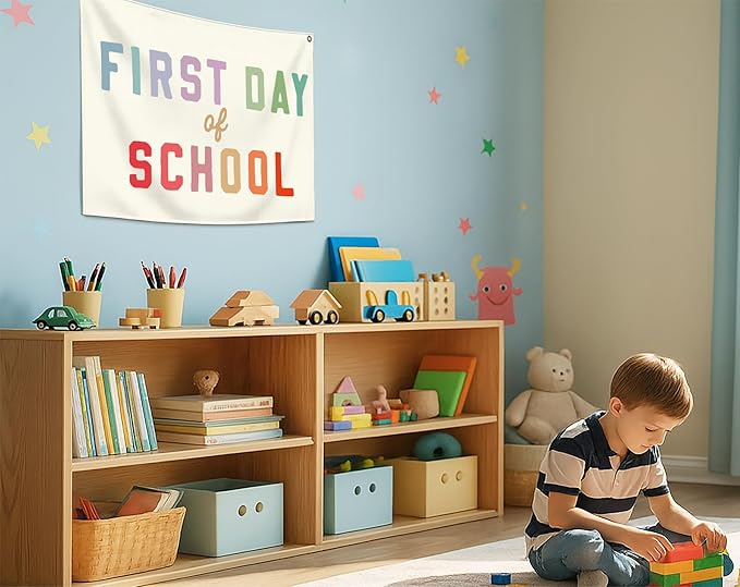 First Day of School-Classroom Boho Rectangular Banner Flag Pennant Wall Decor Gift for Boy Girl Kid Teen,Classrooms Nursery Playroom Reading Room Bedroom Decor-Birthday Christmas Gift