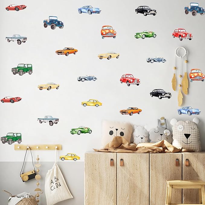 Watercolor Classic Car Wall Stickers, Retro Racecar Off-Road Vehicle Vinyl Wall Decals, Removable Vintage Car Artwork Wall Art for Boys Bedroom Playroom Decor