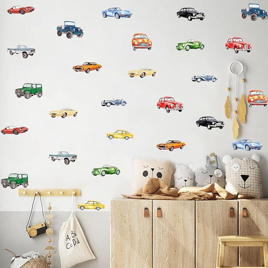 Watercolor Classic Car Wall Stickers, Retro Racecar Off-Road Vehicle Vinyl Wall Decals, Removable Vintage Car Artwork Wall Art for Boys Bedroom Playroom Decor