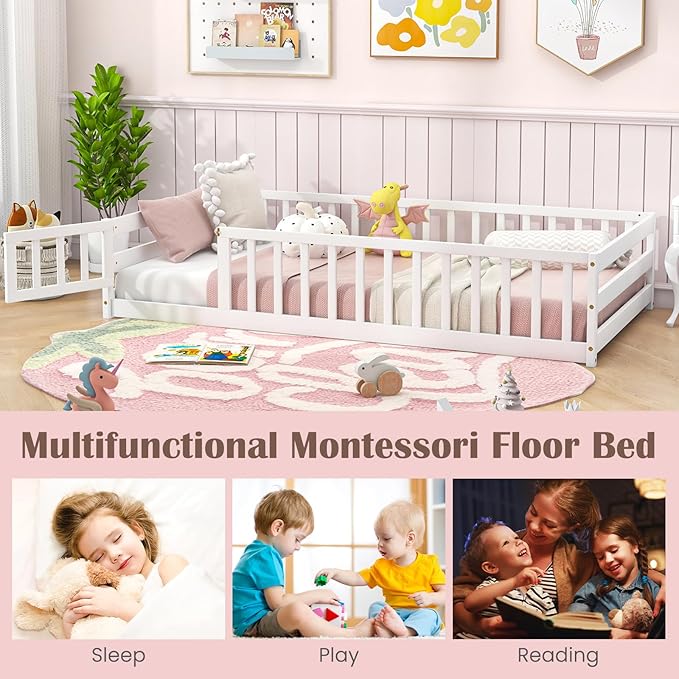 Giantex Twin Floor Bed with Door & Fence, Kids Wood Montessori Beds with Safety Guardrails, Floor Bed Twin for Kids, Boys, Girls, No Box Spring Needed, White