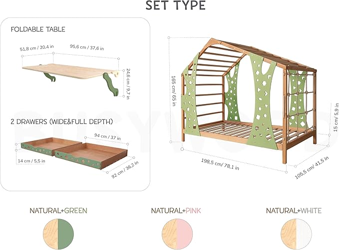 BUSY WOOD Monkey Bed – Twin Frame with Storage & Foldable Table – Montessori Indoor Playground – Jungle Gym Furniture for Kids – Toddler Sleeping Frame with Drawers