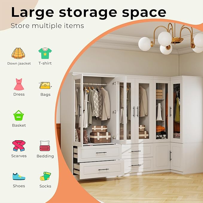 White Armoire Wardrobe Closet with 6 Door: Combination Corner Wood Wardrobe Closet Bedroom Armoire 4 Drawer with Hanging Rods for Home/Bedroom/Living Room