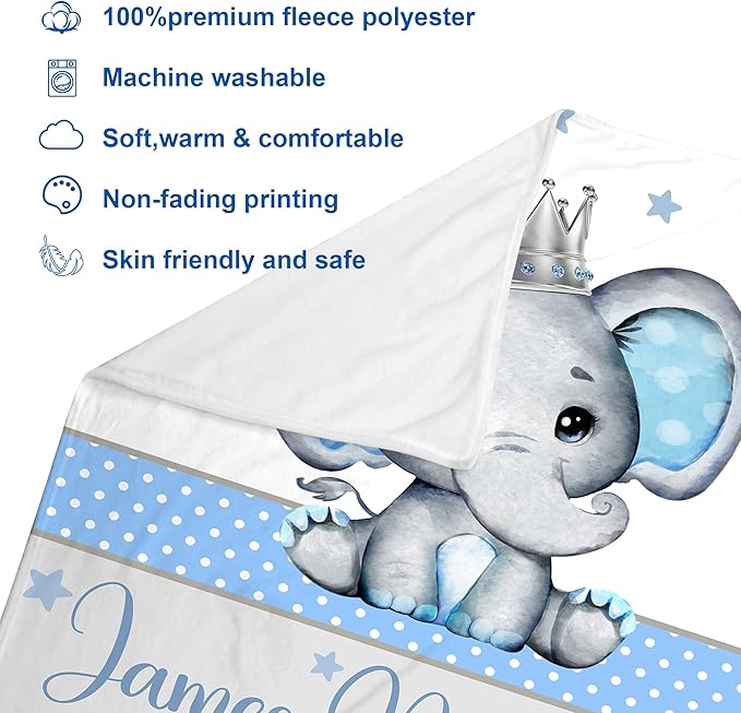 J&SBGFT Personalized Baby Blanket for Boys,Custom with Name, Customized Name Receiving Blankets Toddlers Kids Nursery Stroller Crib Decor Throw 30/''x40/'',Color9, 09-blue Elephant King