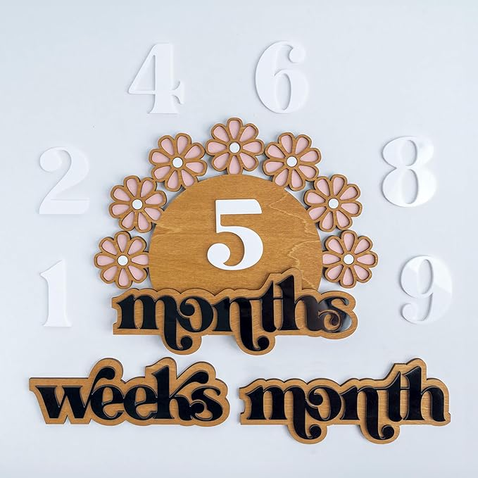 Wooden Baby Monthly Milestone Set, Floral Newborn Age Tracker with Numbers and Months Weeks Signs, Layered Wood Photo Prop for Baby Monthly Picture