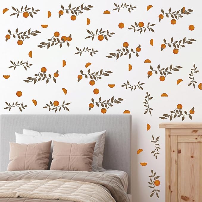Orange Leaf Wall Decals Boho Fruit Leaf Wall Stickers Small Tree Leaf Sticker Vintage Green Leaves Decal Cute Orange Leaves Wall Decals for Nursery Kids Room Bedroom Kitchen Decor