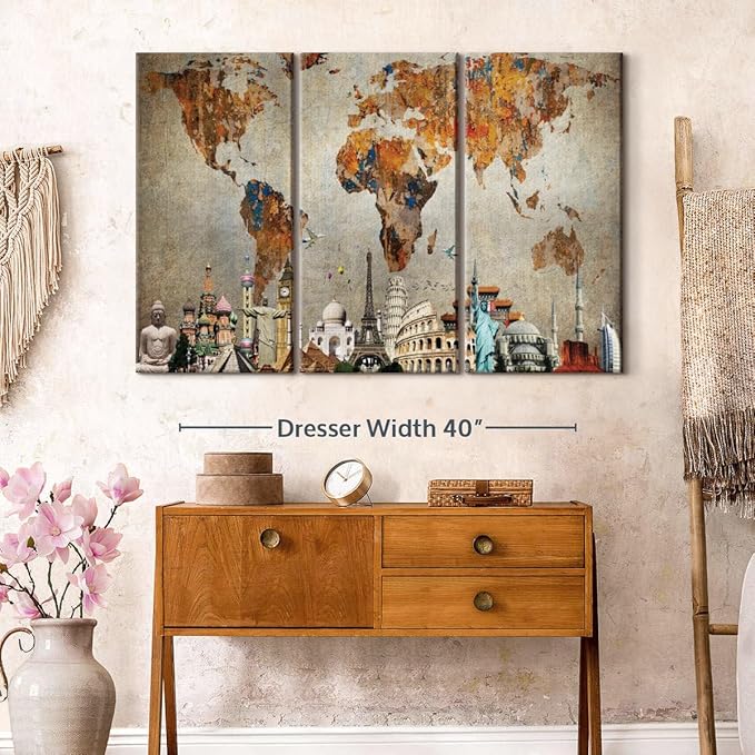ElephantStock Rusty World Map Multi Piece Canvas - 3 Piece Canvas Wall Decor - Wall Decor - Ready-to-Hang Print - Vintage World Map Wall Art - 50" X 32"