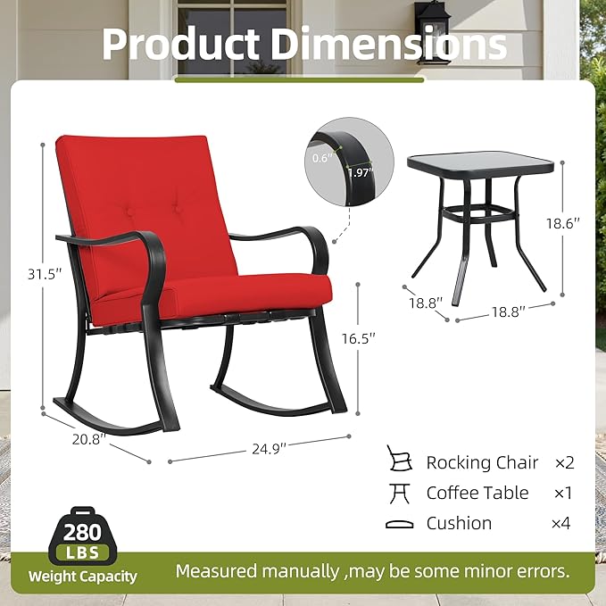 SUNCROWN Outdoor 3-Piece Rocking Chairs Patio Bistro Set Black Steel Furniture with Thickened Cushion and Glass-Top Coffee Table, Red