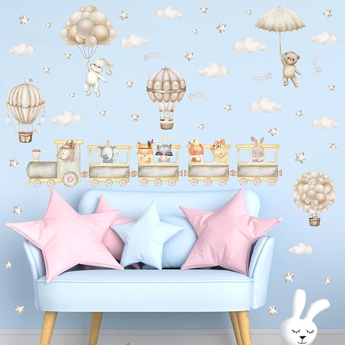 Large Train Animal Wall Decals Cartoon Balloon Animal Wall Stickers Watercolor Cloud Hot Air Balloon Wall Decals Peel and Stick Cute Animal Train Wall Stickers for Kid Room Baby Nursery Decor