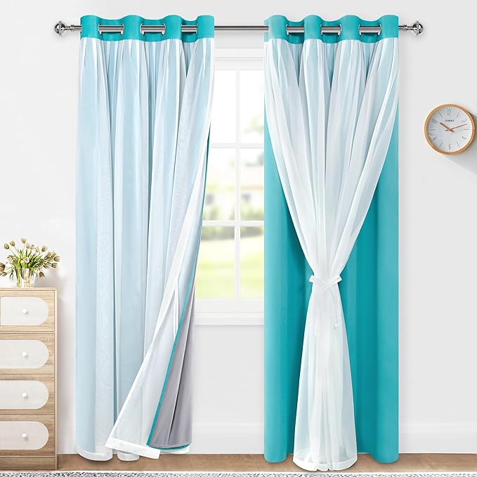 XWZO 100% Blackout Curtains with Sheer Overlay, Double Panel Grommet Thermal Insulated Privacy Curtains with Black Liner for Bedroom, Living Room, 2 Panels with Tiebacks, 52x96, Turquoise