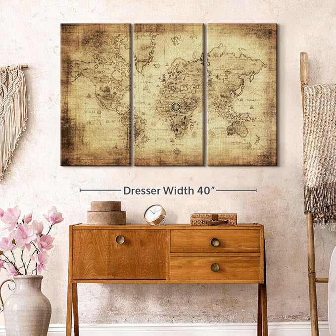 ElephantStock Ancient World Map Wall Art Multi Piece Canvas - 3 Piece Canvas World Map Wall Decor - Wall Decor - Ready-to-Hang Print - Vintage Wall Art - 50" X 32"