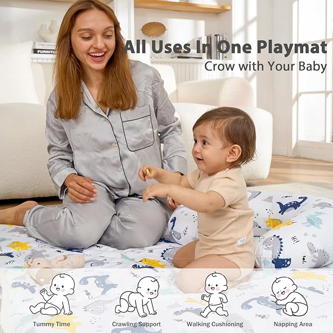 Little Grape Land Baby Mat for Floor 50x50 Soft Padded Playpen for Crawling, Tummy Time & Play, Non-Slip, Machine Washable Dinosaur mat for Infants & Toddlers, Foldable Outdoor Mat with Handle