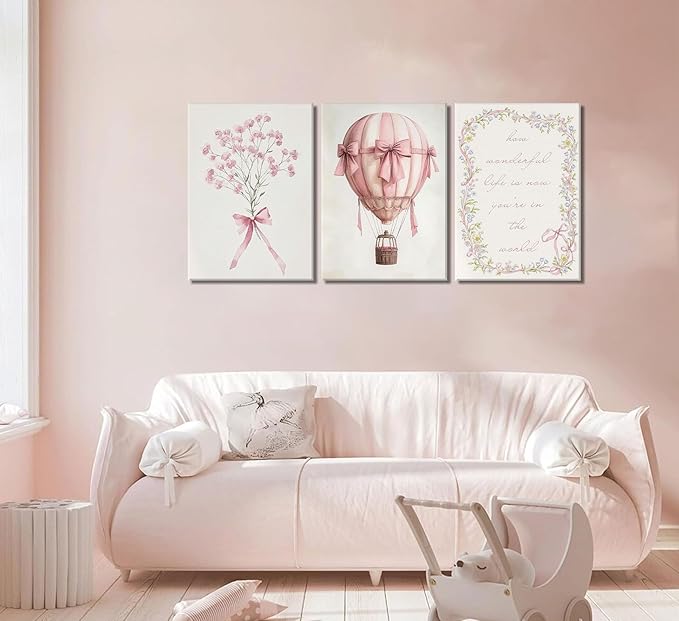 3Pcs Pink Nursery Canvas Wall Art Pictures Cute Baby Girls Room Posters Print Neutral Pink Bow Bouquet Hot Air Balloon Pastel Painting Wall Decor for Kids Room Little Girl Bedroom 16x24in Framed