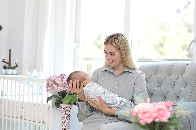 BaeBae Goods Swaddle Blanket, Adjustable Infant Baby Swaddling Wrap Set of 4, Baby Swaddling Wrap Blankets for Boys and Girls Made in Soft Cotton (0-3 Months, Green/Grey Triangles)
