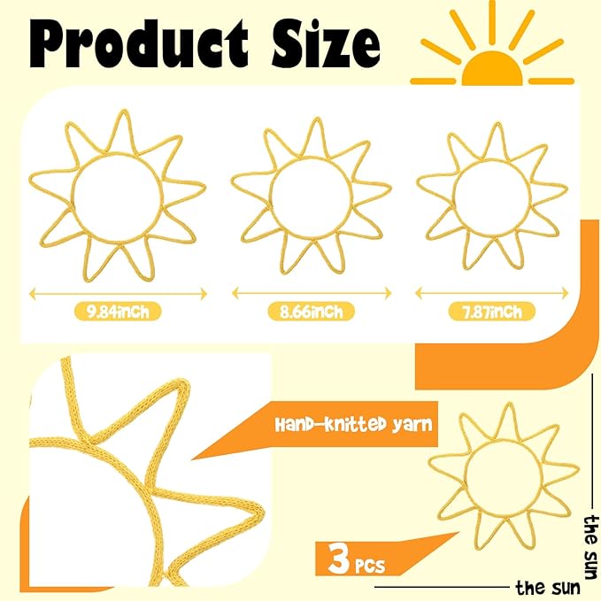Wesiti 3 Pcs You Are My Sunshine Wall Decor Knitted Wire Sunshine Nursery Decor 7.87-9.84 Inch Wall Hanging Boho Sun Nursery Decorations for Bedroom Girl Home