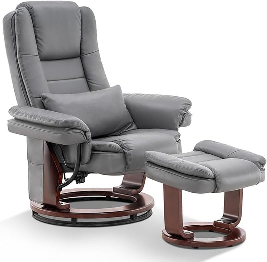 MCombo Swivel Recliner with Ottoman Chair, TV Chair Sets with Vibration Massage, for Small Space Living Room Bedroom 9096 9099 (Faux Leather, Grey)