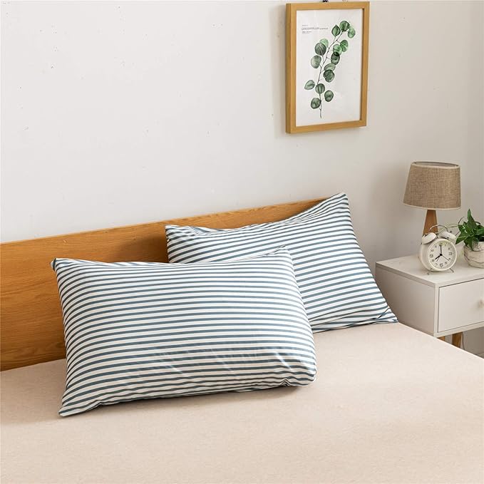 JELLYMONI 100% Natural Cotton 2pcs Striped Duvet Cover Sets,White Duvet Cover with Grayish Blue Stripes Pattern Printed Comforter Cover,with Zipper Closure & Corner Ties(Twin Size)