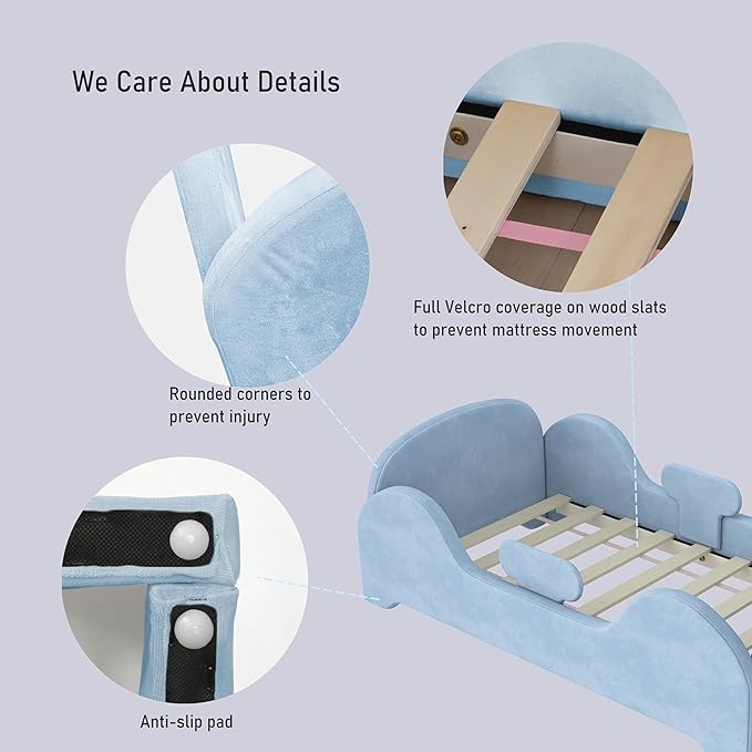 Toddler Bed, Toddler Flood Bed with Extra Safety Broad, Standard Crib Size for Kids, Certified Fabric Beds, Low to Floor Design (Blue)