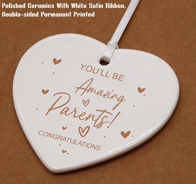 Heart Shaped Christmas Ornament-First Time Parents Gift-New Baby Shower Pregnancy Announcement Keepsake for Mom Dad to Be Ceramic Plaque Decor